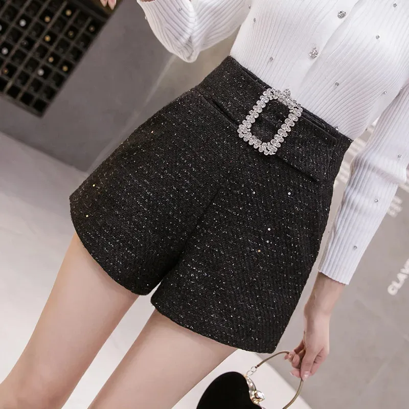 Mody dhinstones Tweed Shorts Women Summer Carzy Black Women Diamonds Belt Pas High talia Krótki femme 240409