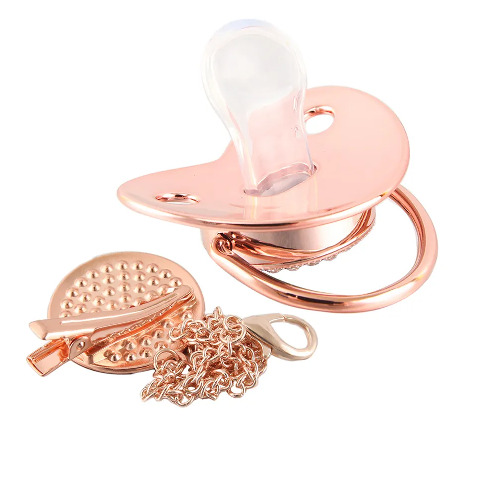 Newborn Baby Pacifier Clip Chain Rose Gold Bling Silicone Infant 