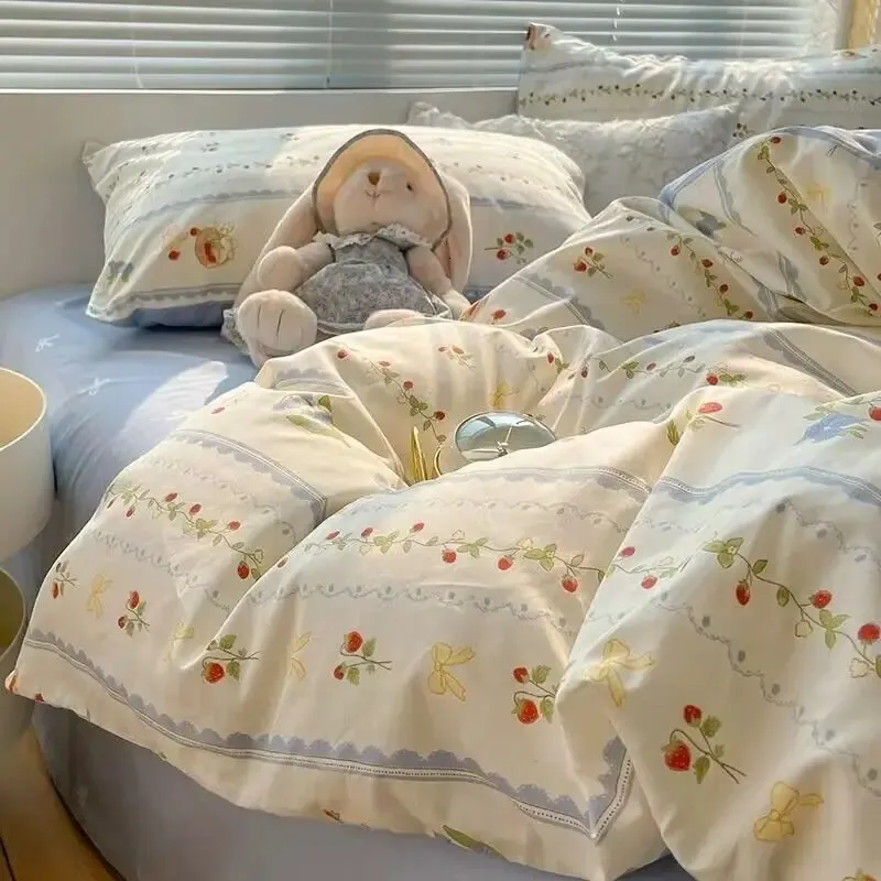 韓国スタイルのファッション寝具セットキッズアダルトツインフルクイーンサイズブルーベッドフラットシート羽毛布団カバー枕カバーフローラルベッドリネン240329