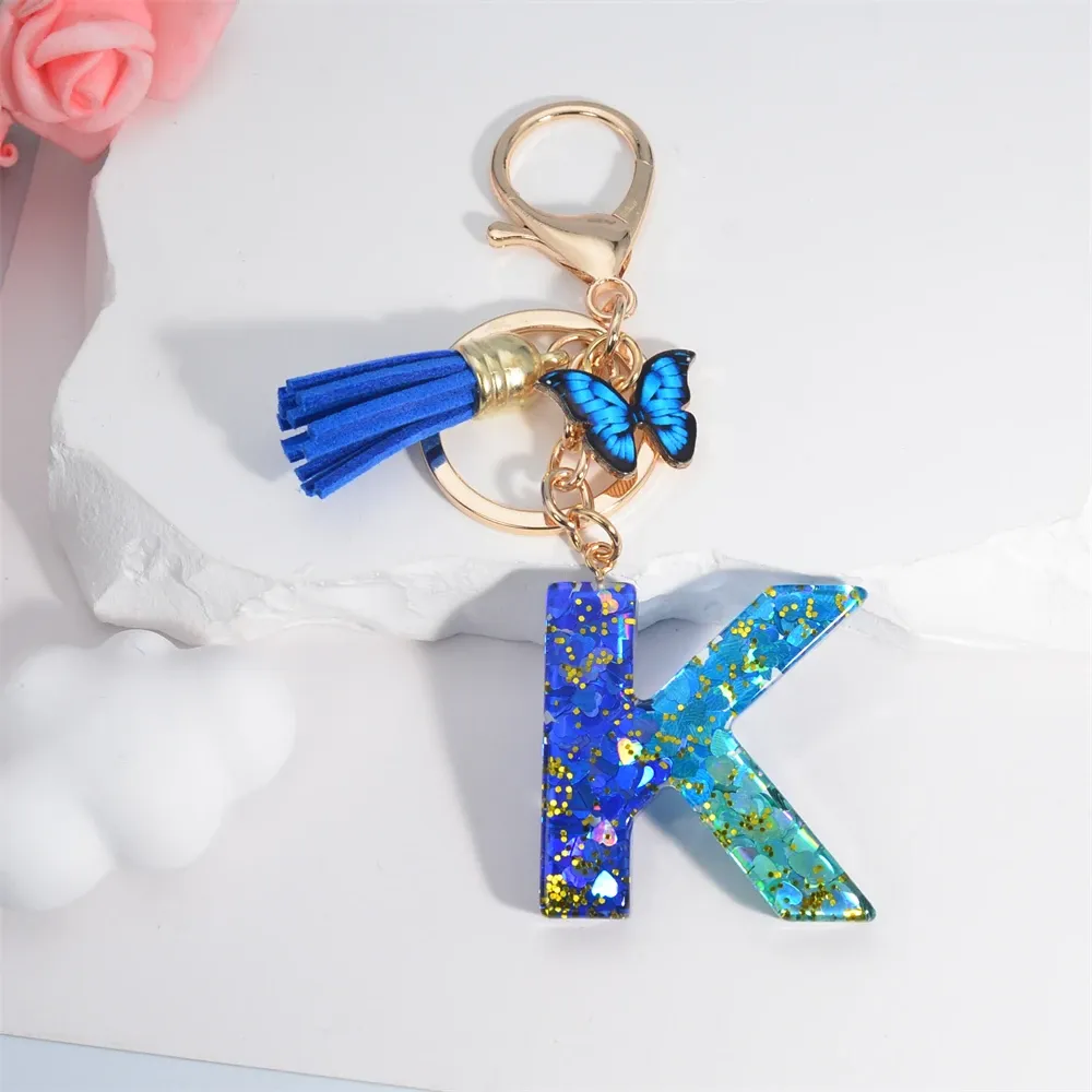 Blue de mer A à Z 26 lettres porte-clés Portefeuille Charmes de portefeuille 26 initiales Alphabet Butterfly Pendant