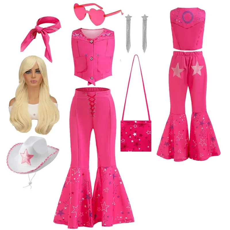 Movie Barbi Costume for Toddler Girls Margot Robbie Barbe Pink Top and Flared Trousers Suit Kids Halloween Birthday Party Clothe 240327