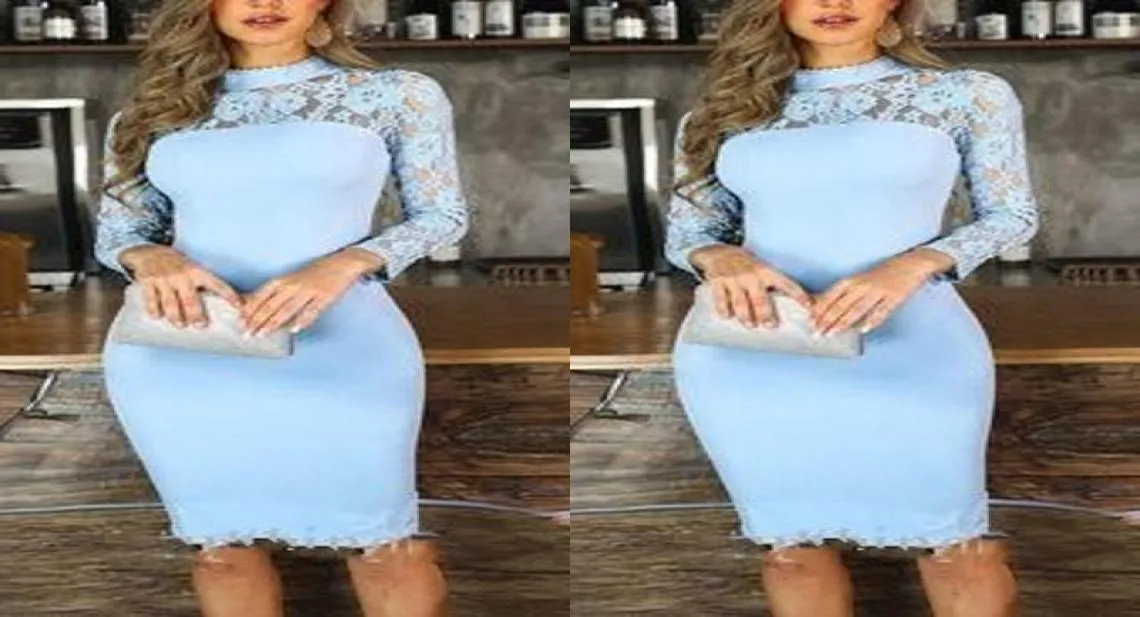 2022 Sheath Light Blue Cocktail Party Dresses High Neck Illusion Long Sleeve Lace Knee Length Prom Evening Special Occasion Dress 5122575