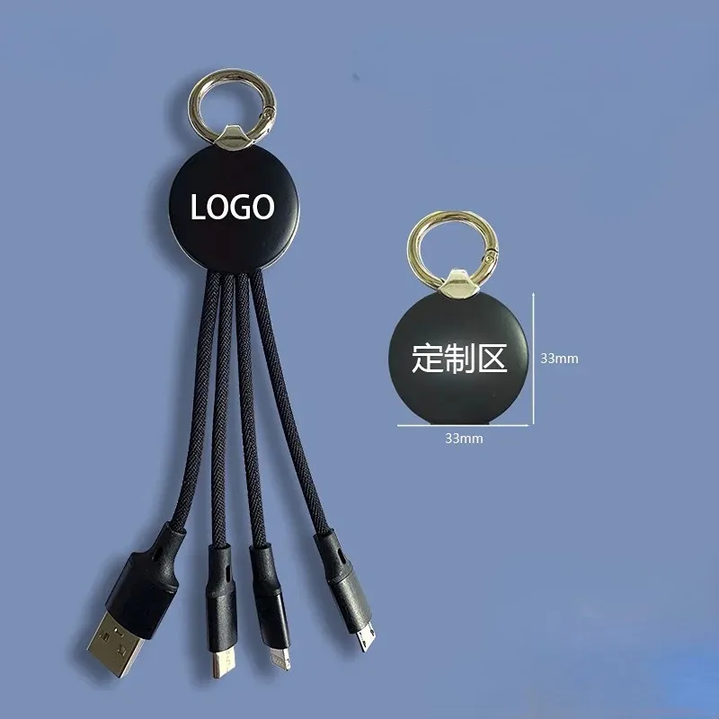 Geflochtenes Keychain -Datenkabel, drei in einer Ladelinie eines Mobiltelefons, Luminous -Logo, eine angetriebene drei Ladezeilen