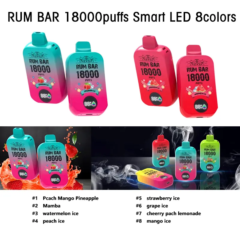 Şarj Edilebilir Elektronik Sigara Şişli Bobin Pil Orijinal% 100 Rum Bar 18000 Puflar Akıllı LED 550 MAH 28ML önceden doldurulmuş cihaz