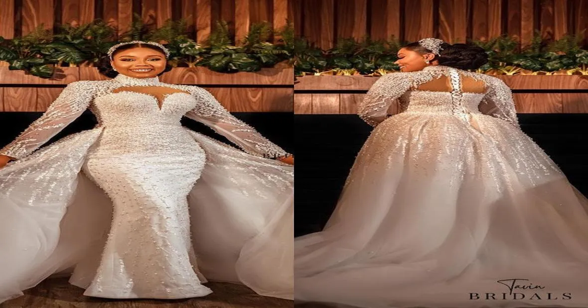 2022 Plus -storlek arabisk aso ebi lyxig sjöjungfru sexig bröllopsklänning spetspärlor pärlor långa ärmar brudklänningar klänningar zj2661557712
