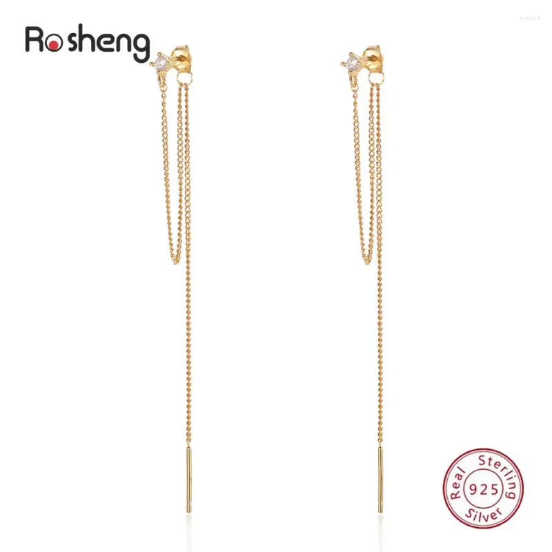 Stollenohrringe 925 Sterling Silber Shiny Zirkon Linie Tropfen für Frauen Mädchen Gold Farbe Langkette Quasten Fashion Schmuck