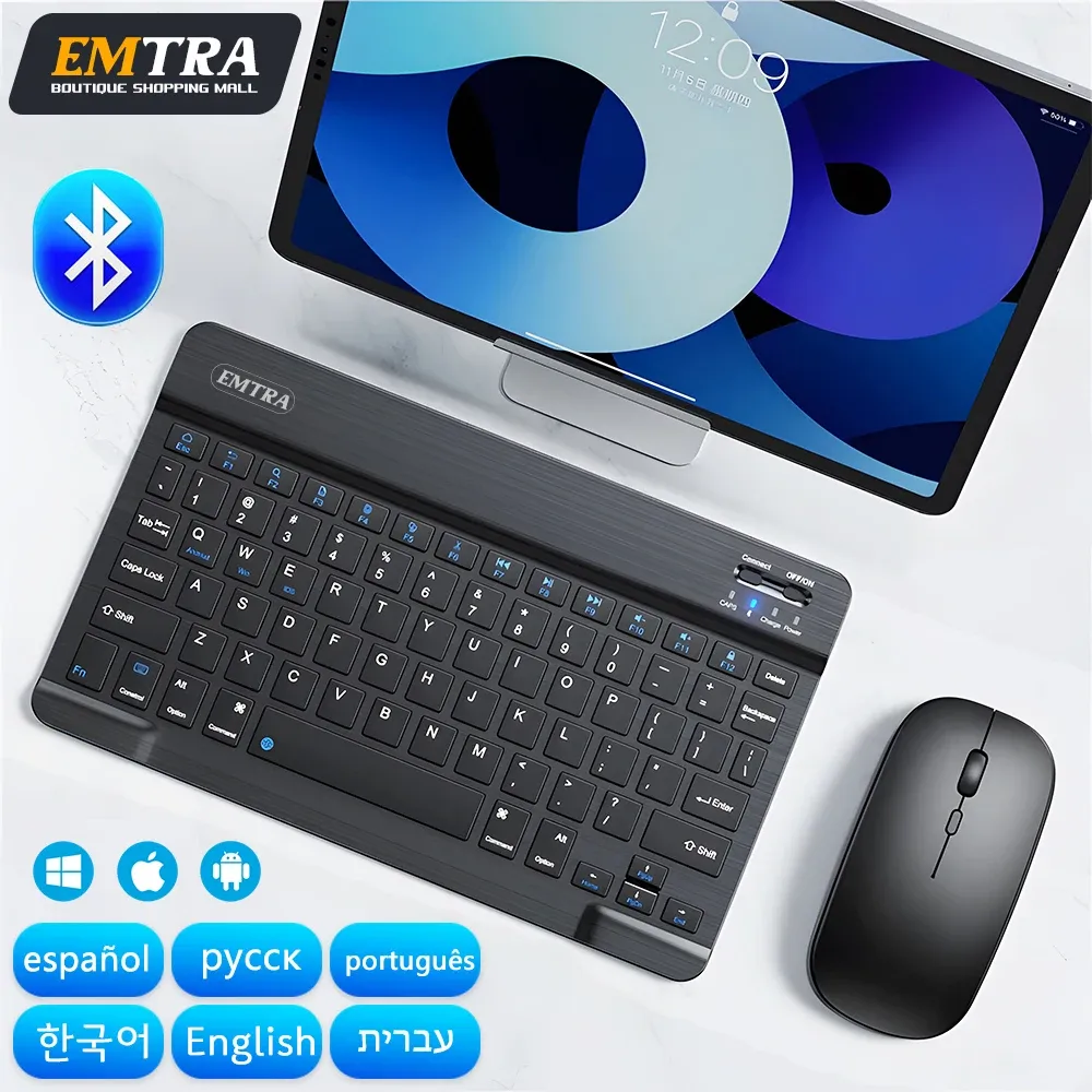 Combos Emtra Bluetooth trådlös tangentbordmus för Samsung Xiaomi Huawei -surfplatta för iPad Air Mini 5 Pro Spanish Korean Russian Keyboard