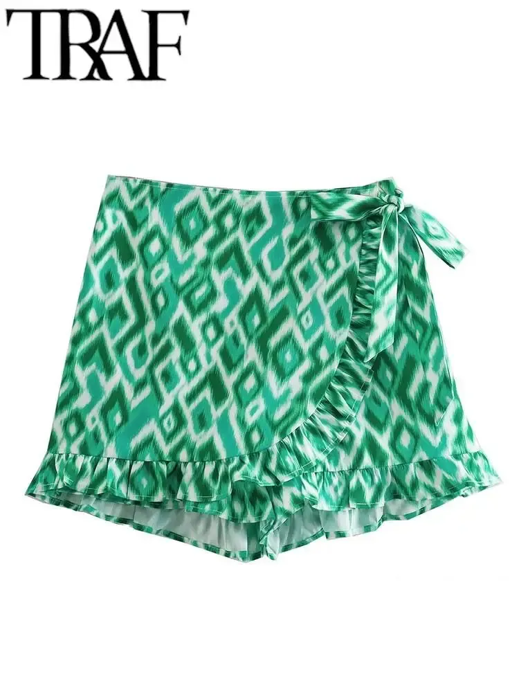 Bisagras traf short pantant mujer 2022 geometría verde hongo impreso envoltura encaje elegante pantalones cortos elegantes verano verano