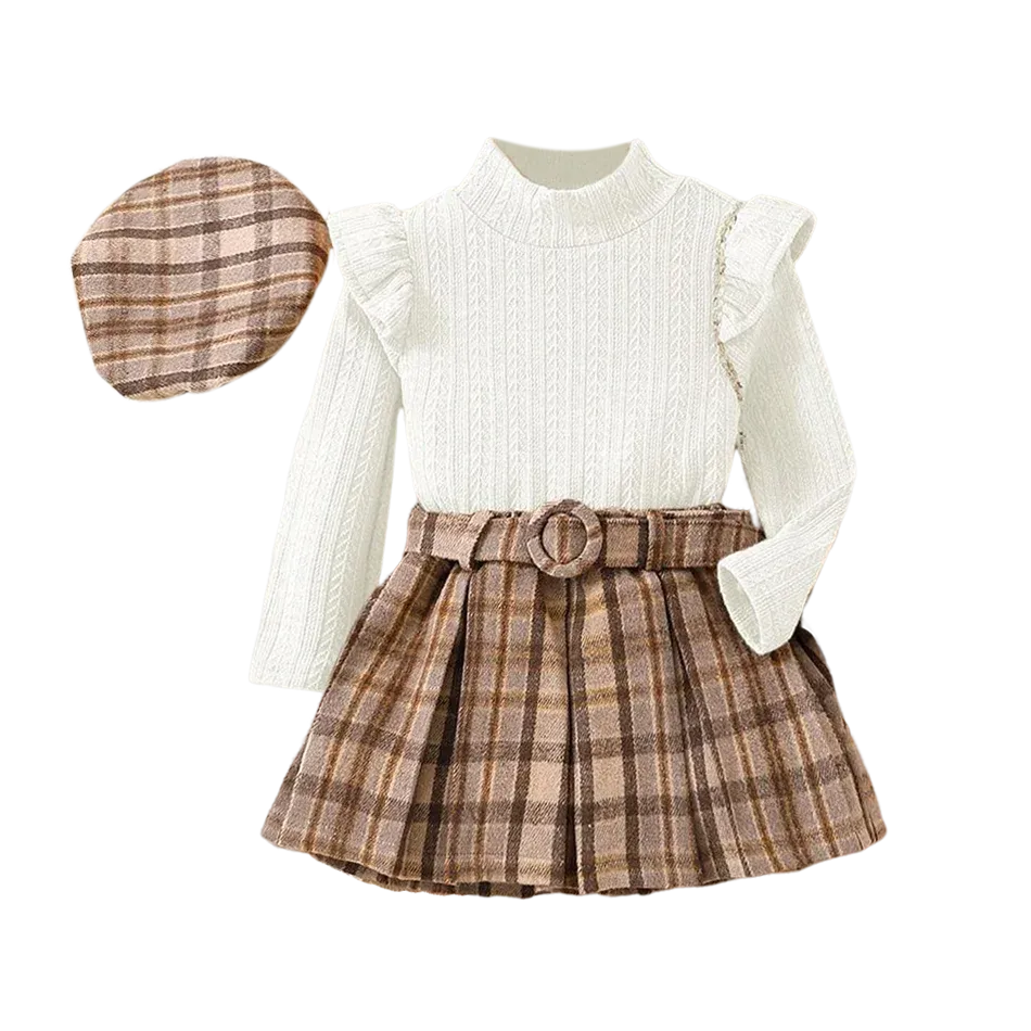 Baby Girls Spring Autumn Ruffle Long Sleeve Solid Tops+Plaid Pleated Skirt+Belt+Beret Four-piece Suit 2-7Years Kids Clothes Suit