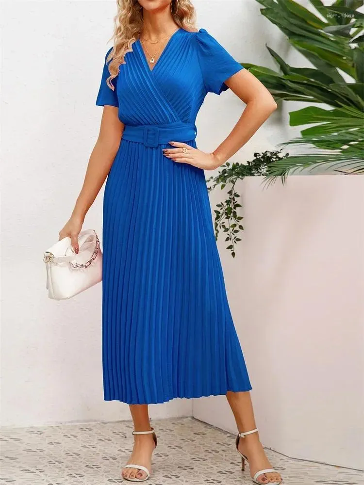 Abiti casual eleganti eleganti rosa rosa verde blu vestito midi a pieghe lunghe v al collo manica corta festa femminile estiva