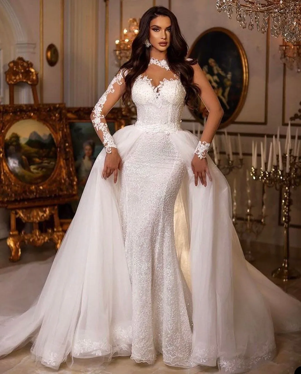 Sexy Mermaid Wedding Dress Illusion Jewel Neck Long Sleeve Lace Appliques Bridal Gowns With Detachable Train Robe De Soiree