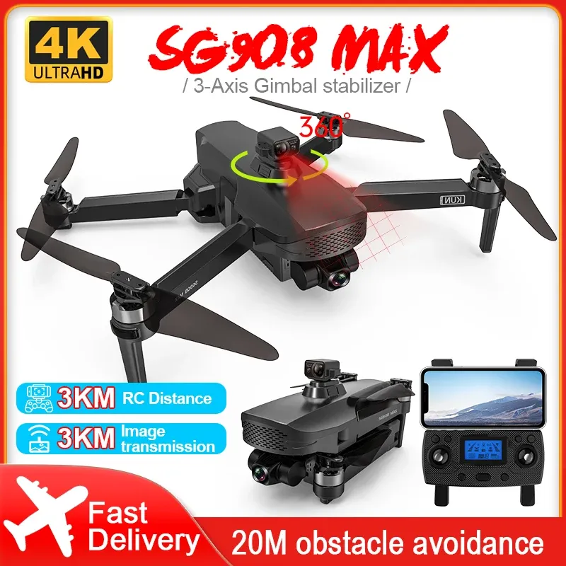 Drones zll sg908 max drone 4k profesional hd camera drone 2.4g wifi 3axis sg908 pro dron rc 3 km vluchtafstand versus sg906 max2 f11s 4k