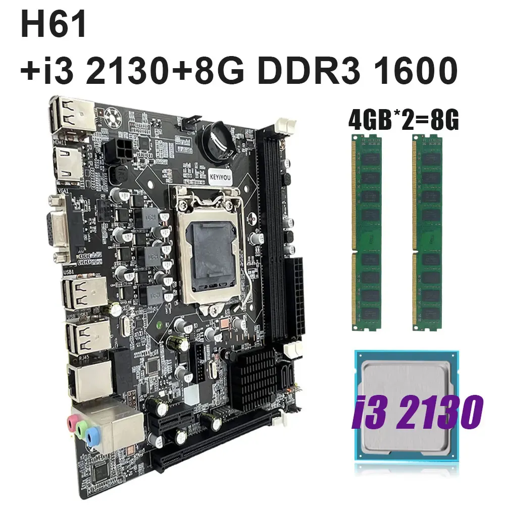 Cartes mères Keyiyou LGA 1155 Ensemble de carte mère ITX avec processeur Core i3 2130 et combo Mémoire DDR3 H61 Placa Mae