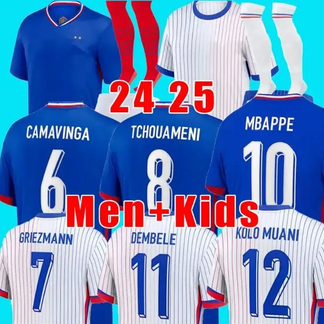 Maillots de Football 2024 French Fra nce 축구 유니폼 프랑스 벤제마 2024 25 Francia Mbappe Griezmann Kante Maillot Foot Kit Enfants 세트 축구 셔츠 남자 아이들