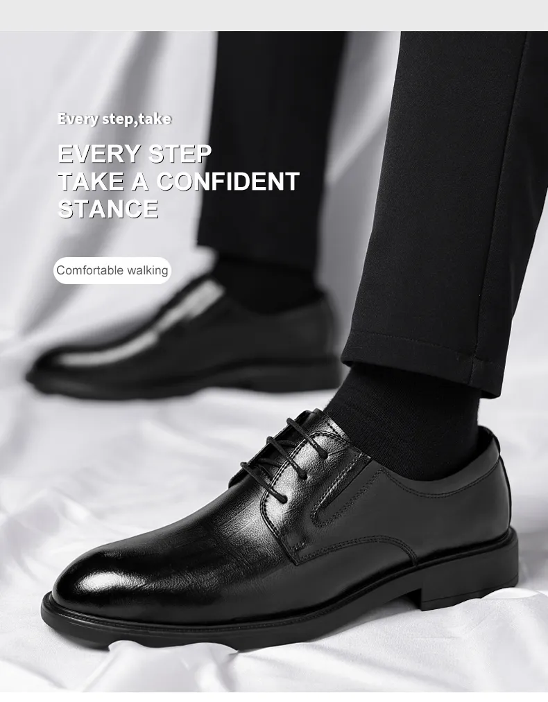 Mens Elevator Shoes Lace-Up Black Split Leather Oxfords  display picture 1