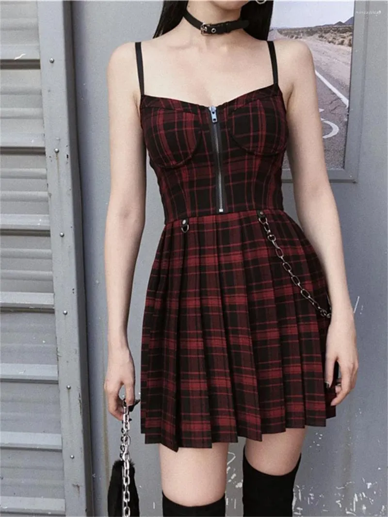 2024Women s Pleated Plaid Spaghetti Strap Egirl Mini Dress Gothic Emo Alt Y2K Streetwear Vestido