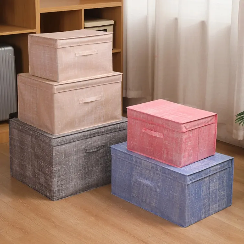 2023 New Washable Cotton Linen Fabric Folding CD Storage Box Foldable Bins Toys Organizer With Lid Storage Basket Laundry Basket