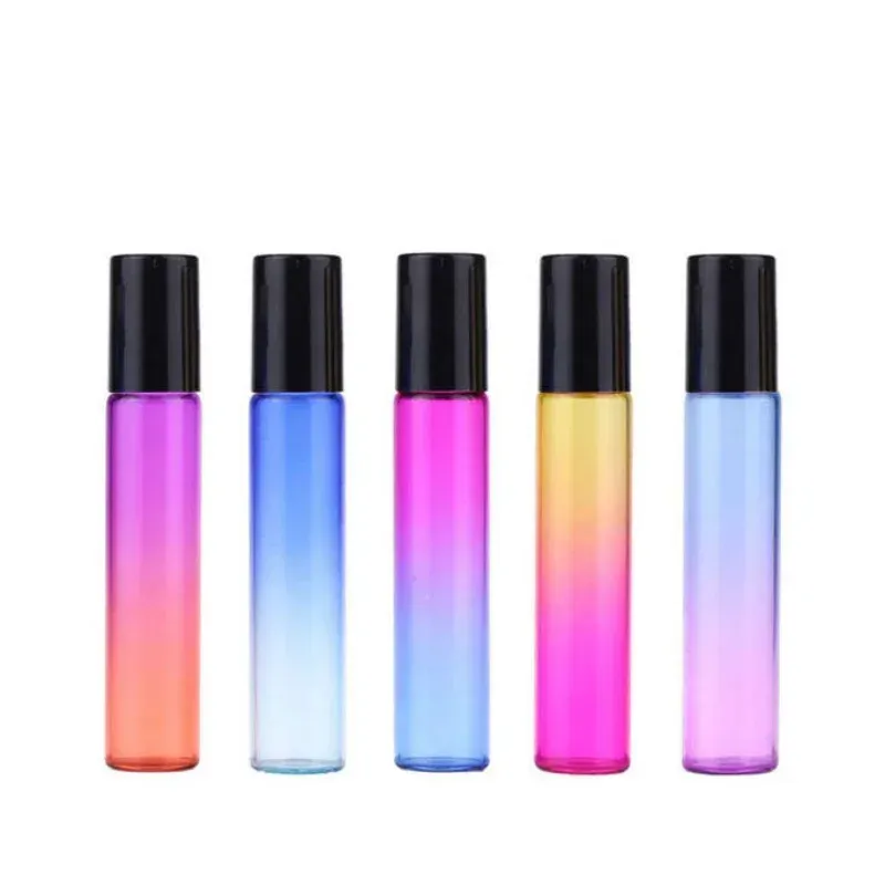 1 stc 10 ml gradiënt kleur etherische olie parfum fles roller bal dikke glasrol op duurzaam voor reis cosmetische container hele voor gradiënt kleur rolbal bal