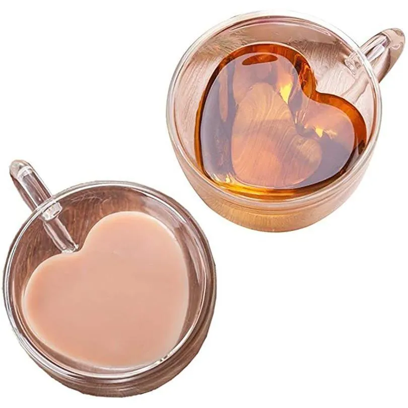 Other Drinkware Clear Gift Double Wall Resistant Tea Beer Glasses Loving Coffee Mug Transparent Glass Heart Shaped Cup Rrb15891 Drop Dhbnj