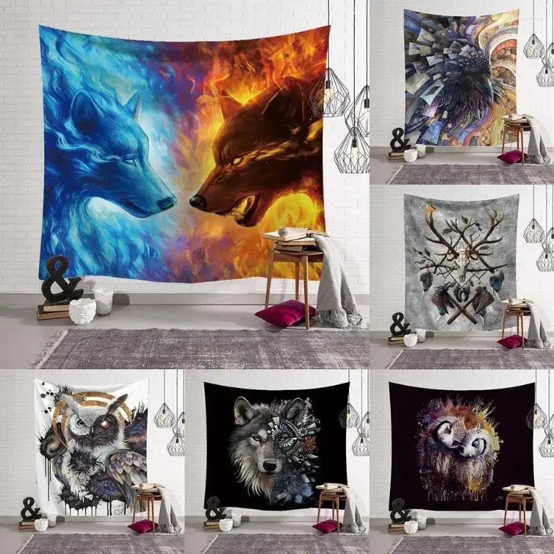 Tapisseries ins nordic wind wolf tapissery mur suspendu maison salon dessin animé tissu animal peinture décor benvered back serviel