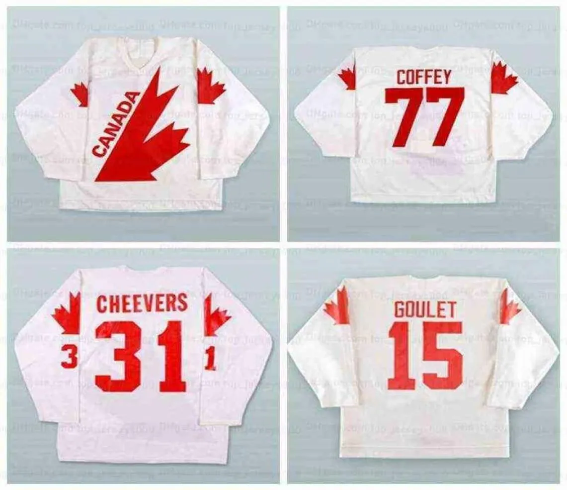 Custom 1976 Gerry Cheevers 31 Canada Cup Hockey Jersey 15 Michel Goulet 1987 Paul Coffey 77 Jerseys Stitched White Any Name Num8739684