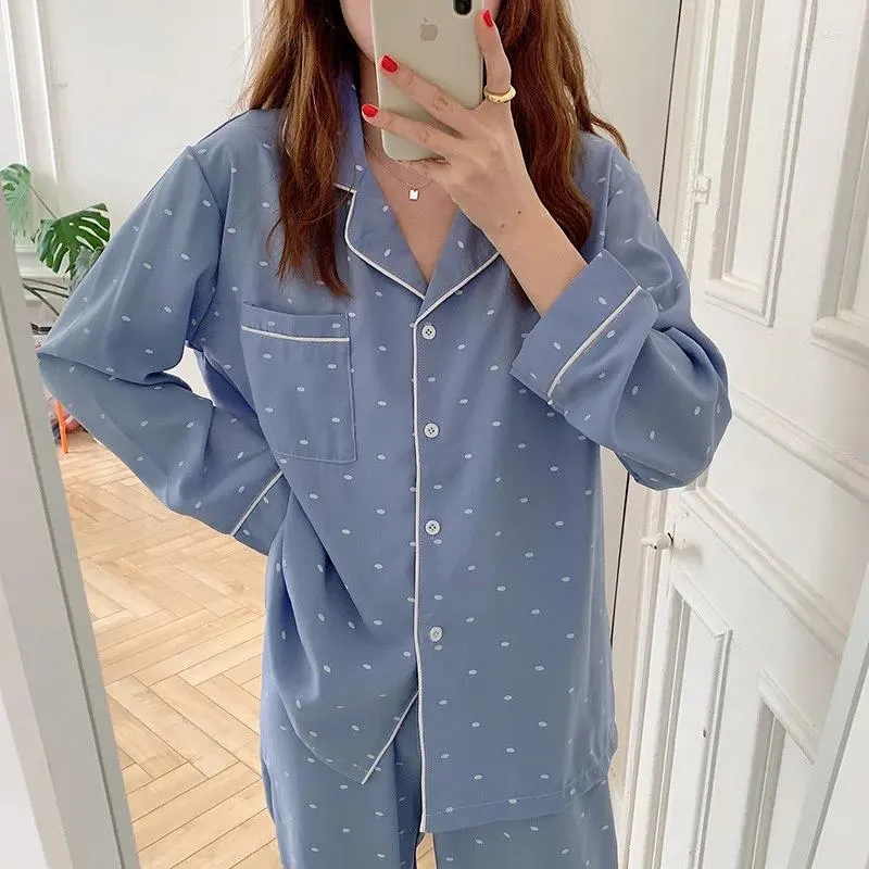 Home Clothing Alien Kitty Sweet Lovely Autumn Fresh Blue Wave Point Leisure Loose Ladies 2024 Long Sleeve Trousers Wear Pajamas Set