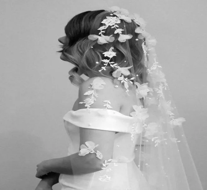 Camada Pérola Pérola Véils 3D Flower Lace Aplique Acessórios de noivas Apliques 3m Véu simples para a noiva personalizada Made8968587