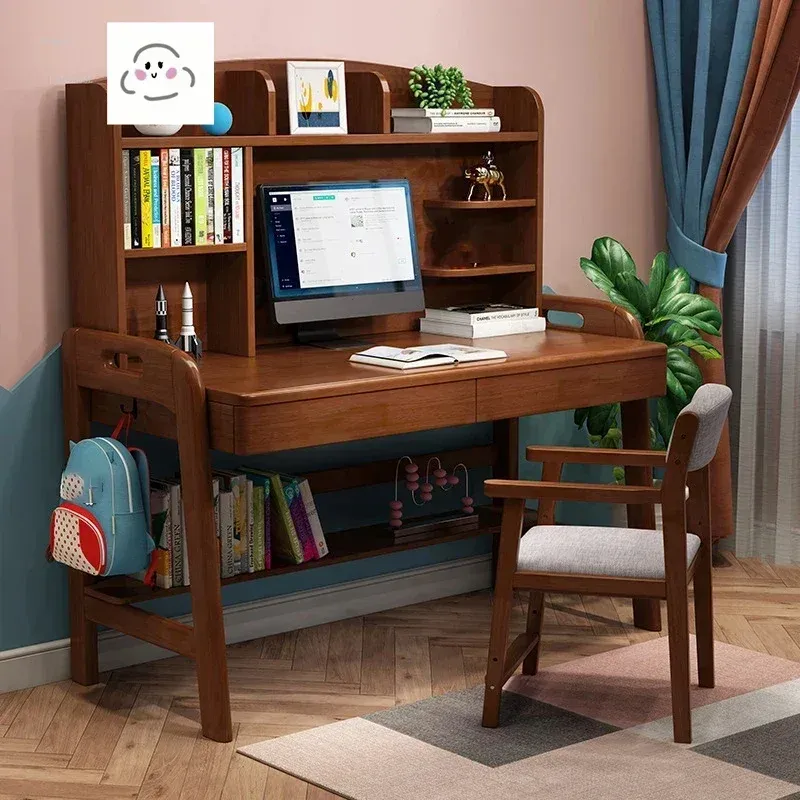 チルドレンズソリッドウッドスタディデスクと本棚、シンプルでモダンな