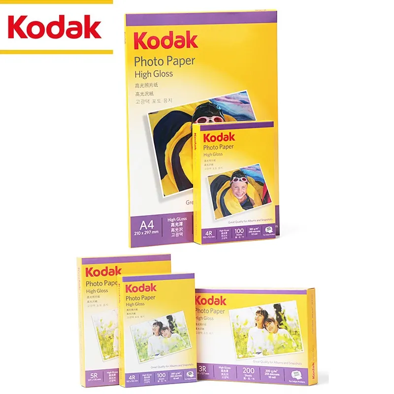 Papier Original Kodak A4 High Gloss Photo Paper 5 6 7 Zoll A6 RC wasserdichte Tintenstrahldruck 3R 4R 5R Wildleder 230g 200g 180g Album Paper