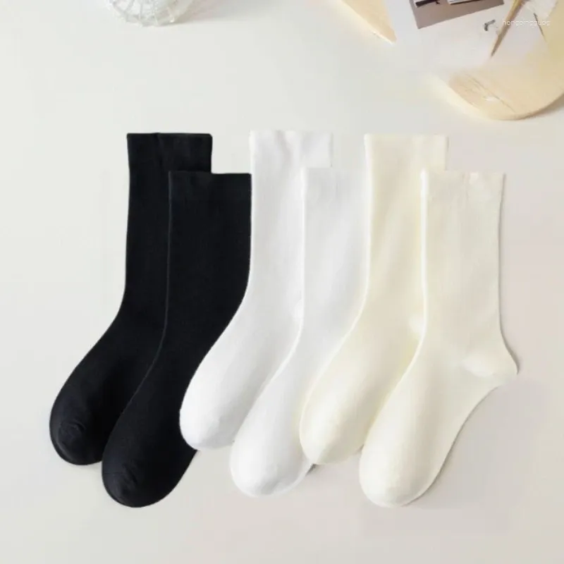Women Socks 3/5Pairs Long Solid Color Knitting Loose Mid Crew Middle Tube Ankle Breathable Calcetines Spring Autumn Black White