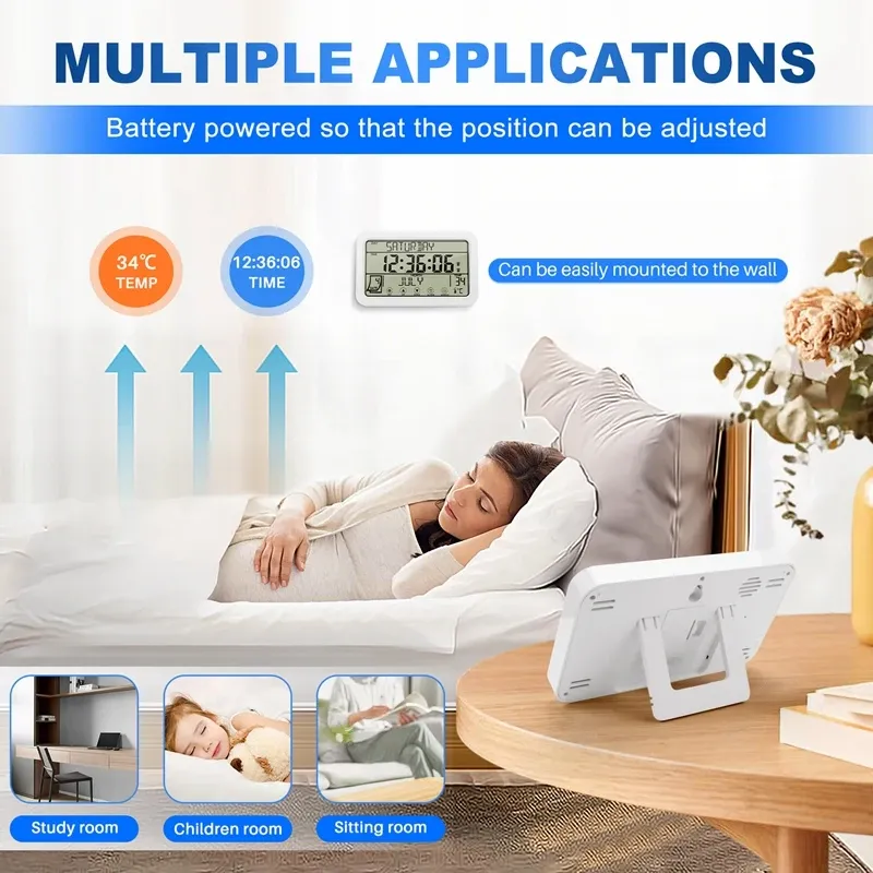 Digital väggklocka, digitalt klockabatteri som drivs, 8 -tums skrivbordsklocka med temperaturfuktighet Dag för hemmet för hemmet