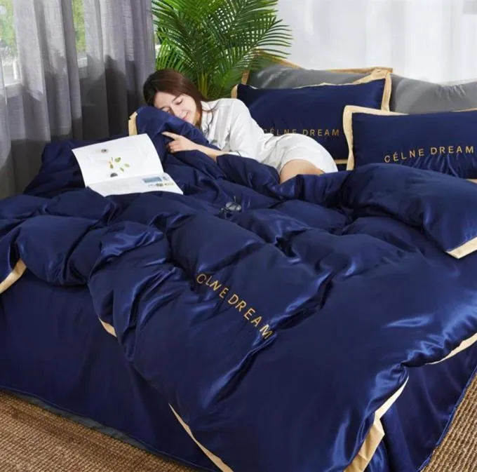 Vierpieze Seidenbettwäschesätze König Queen Size Weichdruckgedruckte Quilt Cover Kissen Hülle Bettdecke Brandbett Bettdecke Sets Fas2643166