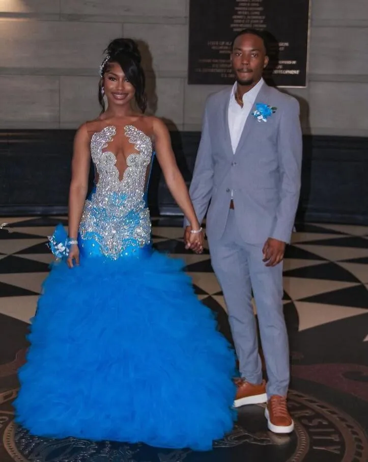 Blue Sparkly Long Mermaid Prom Ceremony Dresses for Black Girl 2024 Luxury Diamond Ruffles Evening Birthday Gown Gala