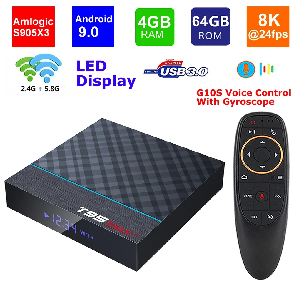 Box T95 Max Plus Amlogic S905X3 TV -Box Android 9.0 4G RAM 64G ROM 2,4G/5G Dual WiFi BT4.0 USB 3.0 HDR 8K 3D 4K Media Player