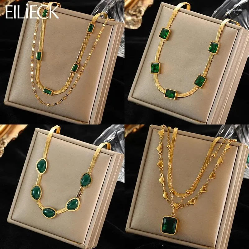 Cadenas Eilieck 316L Acero inoxidable Collar de cristal de circonía verde para mujeres Regalos de boda de joyería de joyería de joyería