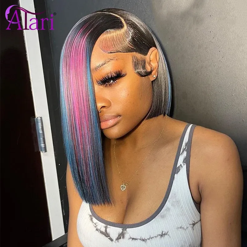 13x4 Lace Frontal Bob Wigs Highlights Blue with Pink Highlight Brazilian Straight Short Bob human hair Wigs for Black Women 180