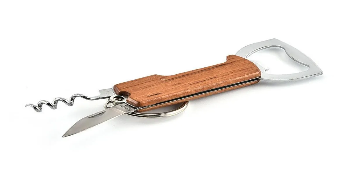 Ouvreurs en bois en bois ouvre-bouteille Keychain Couteau Pulltap Double à charnière Couchette de bouchon en acier inoxydable ouvre-bagues Openders Bar9861463