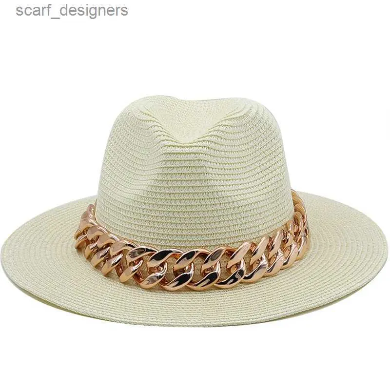 ワイドブリムハットバケツ帽子新しいゴールデンチェーンパナマハット夏の太陽帽子女性用マンビーチストローハット男性UV保護ジャズフェドラチャポーフェム56-60cm Y240409