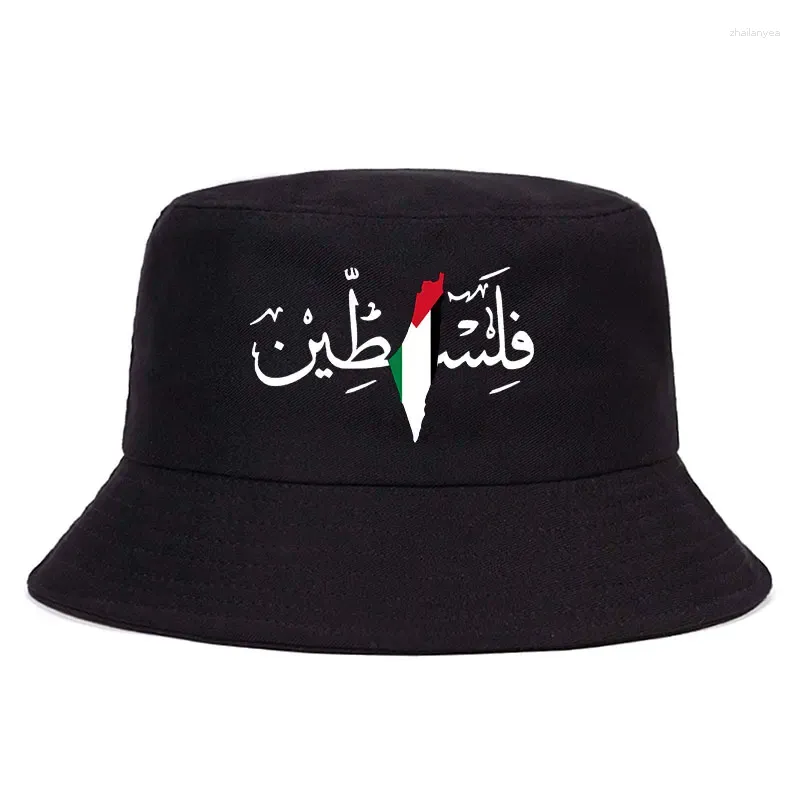 Berets Palestine Nom de calligraphie arabe avec carte du drapeau palestinien Bob Chapeaux Men Outdoor Summer Panama Fisherman Unisexe Bucket Hat