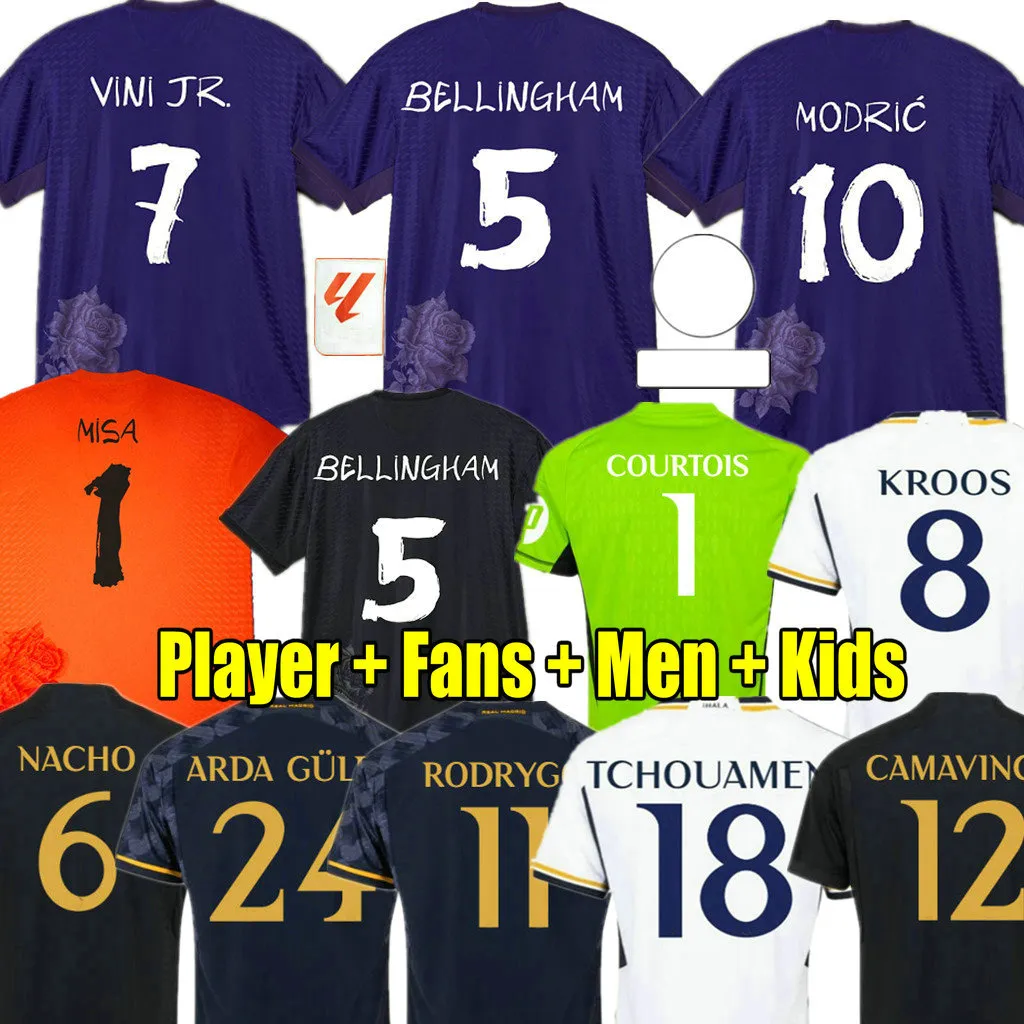 Bellingham 23 24 25 Soccer Jerseys Mbappe Vini Jr Player Fans Kroos voetbalshirt Valverde Modric Camiseta Real Madrids Kids Kit 2023 2024 Uniform Women Rodrygo