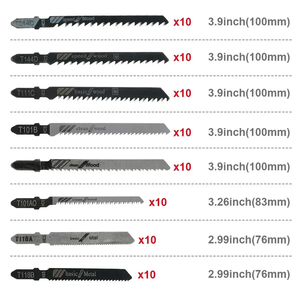 80st Jigsaw -blad Set T Shank -blad snabbt nedskuren trämetallskärningsblad T118A/T118B/T101AO/T101B/T101BR/T144D/T244D/T111C