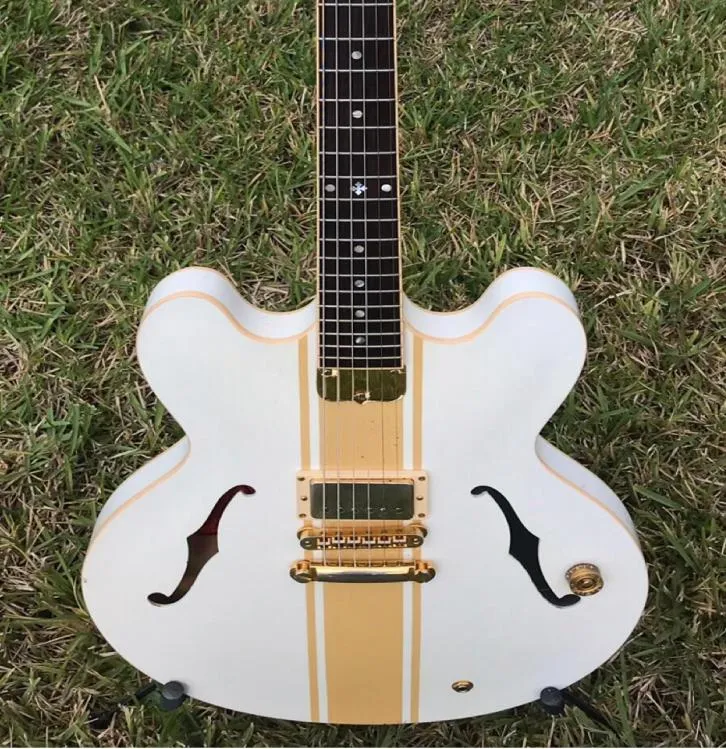 Seltene es 333 Tom Delonge Signature Semi Hollow Body White Gold Streifen Jazz Gitarre Schwarze Körperbindung Single Pickup Gold 7506225