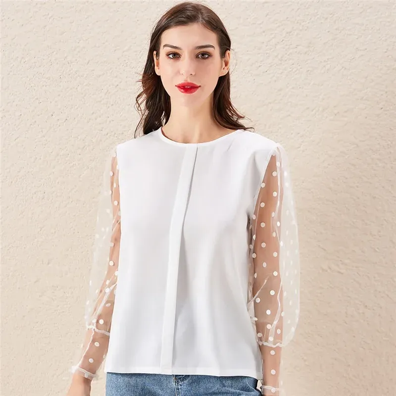 Elegante Volant Puff Manica Lunga Top Autunno Patchwork Perline Camicetta A Rete Trasparente Sexy O Collo ScaVa Fuori Camicia Donna Blusa Pulplio