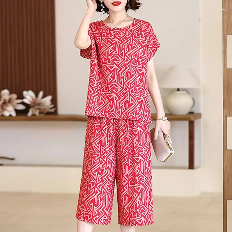 Women's Two Piece Pants Womens Peice Sets Summer 2024 Loose Elegant High Waist Pant Female Casual Vintage Print Oversize Suit