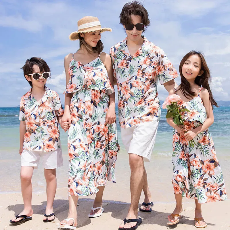 Family Look Vacation Beach Clothing Mom Daughter Sleeveless Dress Dad Son Matching Floral Shirt Set Parent Child Holiday Clothes 240327