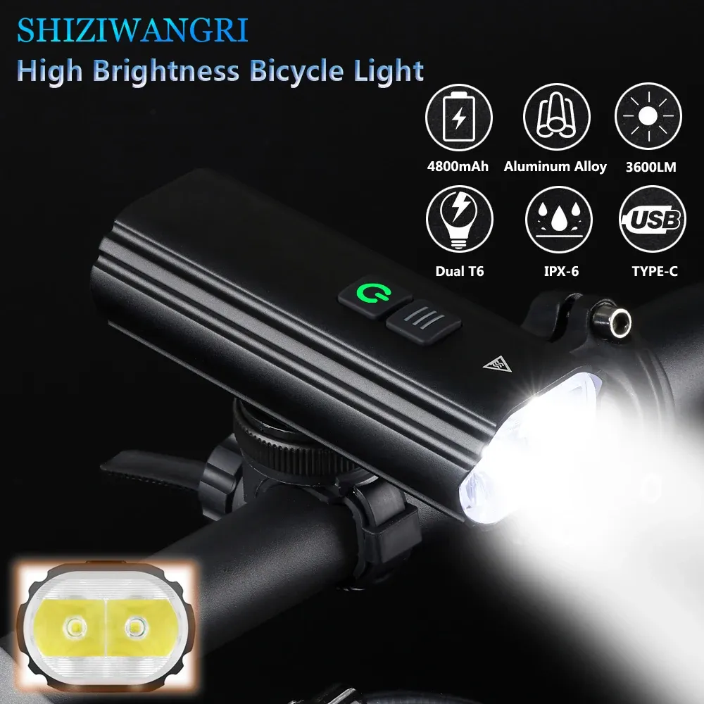 Shiziwangri 3600LM自転車ライトMTBフロントランプUSB充電式2編4800MAHデュアルブラケット自転車用ライト防水ヘッドライト