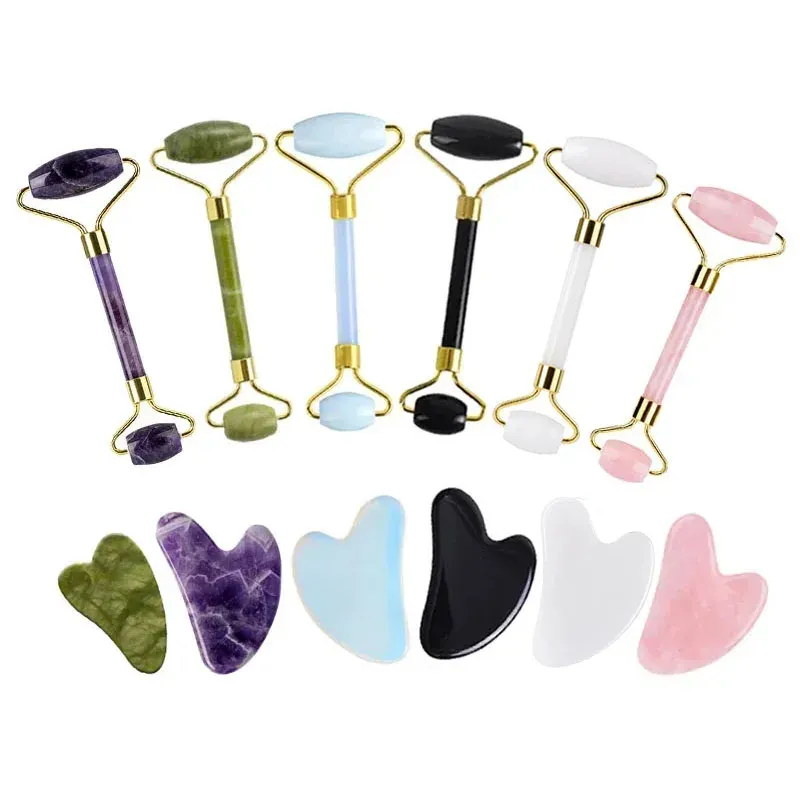 2st Natural Jade Stone Jade Roller Guasha Massager Gouache Scraper For Face Black Obsidian Rose Quartz Gua Sha Board Skin Care