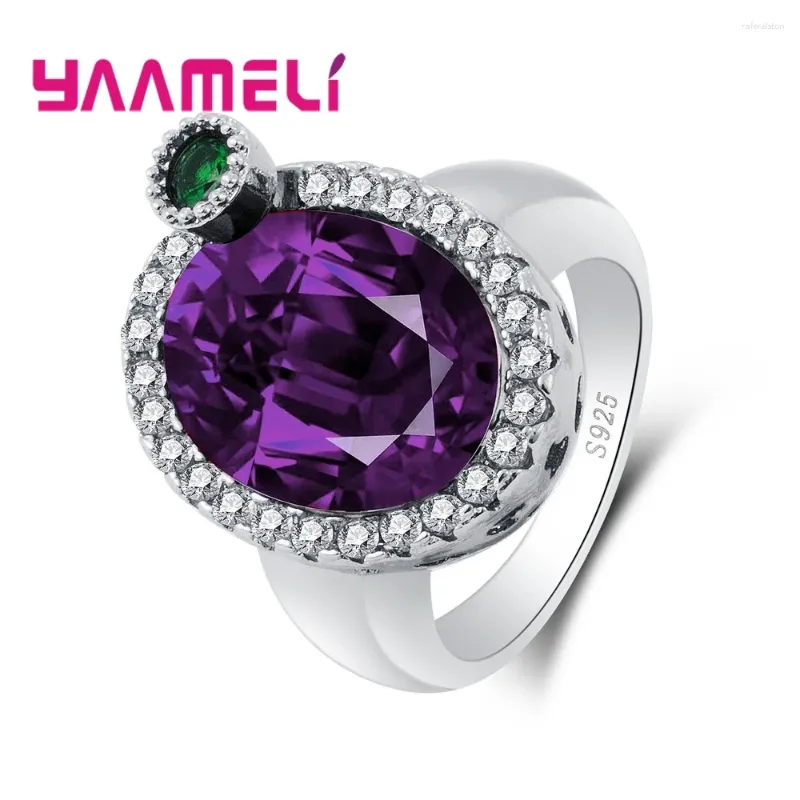 Clusterringe 925 Sterling Silber Big Purple Cubic Zirkonia mit grünem Kristallverzierung Finger für Frauen weiblicher Schmuck