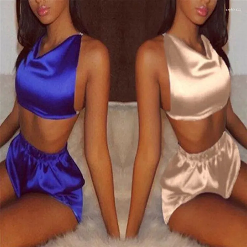 Home Clothing Sleeveless Satin Halter Cami And Shorts Pajama Set Blue Champagne V Neck Sexy Sleepwear Summer Women Pajamas Est