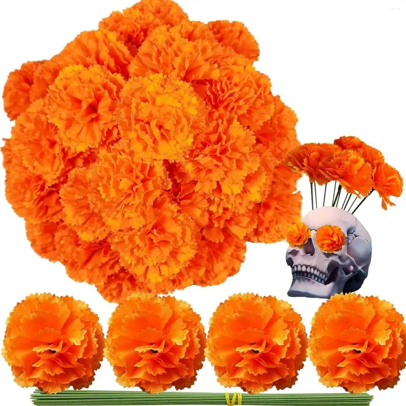 Flores decorativas 50 piezas de caléndula mexicana Artificial para Day of the Dead Diwali Home Diy Craft Fiesta Halloween Dia de los Muertos decoración